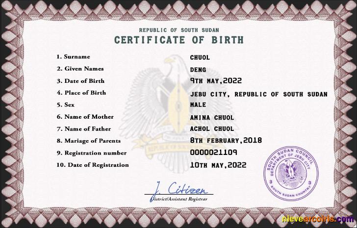 South Sudan birth certificate